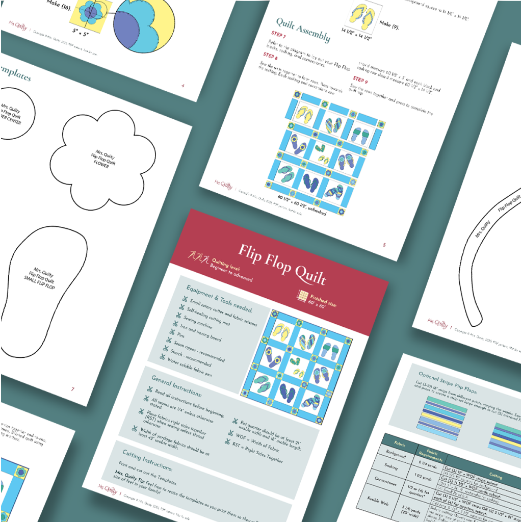 The Flip Flop Quilt Downloadable PDF Quilt Pattern features beginner-friendly instructions, templates, diagrams, cutting guides, assembly steps, and labeled fabric charts for making a flip flop quilt or floor cushion.