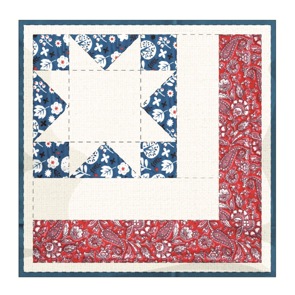The July 4th Patterns Downloadable PDF Quilt Pattern features a blue and white floral star with a red paisley border on a cream background, complete with dotted lines for stitching or assembly guidance.