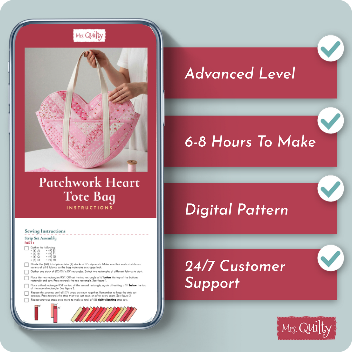 Patchwork Heart Tote bag Digital PDF Pattern