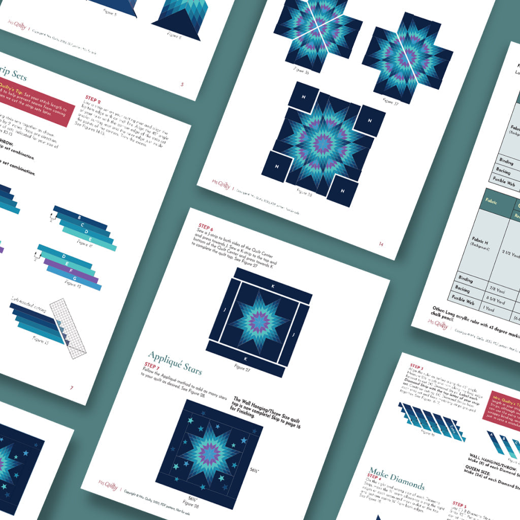 Several pages of the Aurora Nightscape Downloadable PDF Quilt Pattern—featuring star designs, diagrams, instructions, and charts—are displayed on a teal background, offering a preview of this celestial quilt pattern.