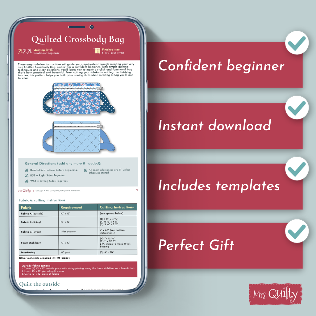 A phone shows the Quilted Crossbody Bag Downloadable PDF Quilt Pattern. Four checklists highlight: ideal for intermediate quilters, instant PDF download, includes templates, and perfect for home décor or as gifts.