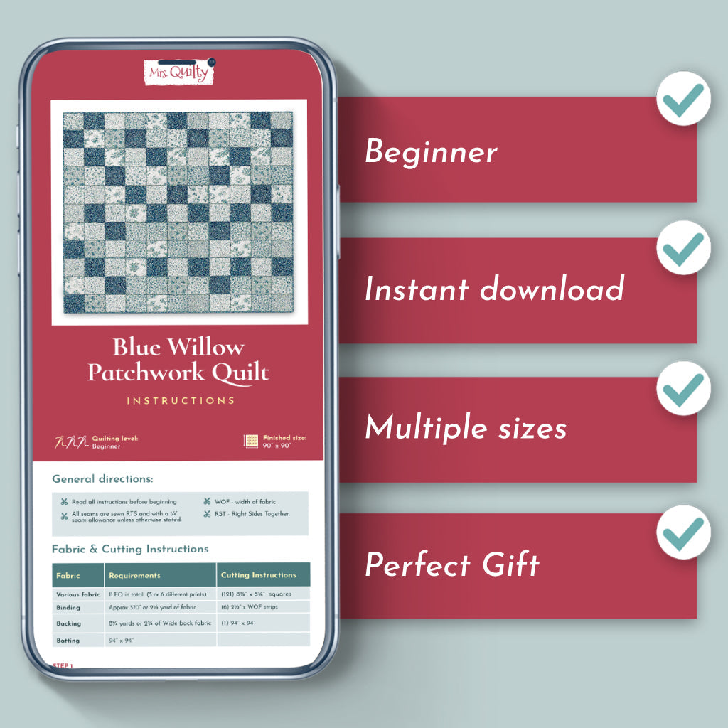 A phone displays Blue Willow Quilt Downloadable PDF Quilt Pattern instructions with a traditional floral motif and checkmarks: Beginner, Instant download, Multiple sizes, Perfect gift—all on a light blue background.