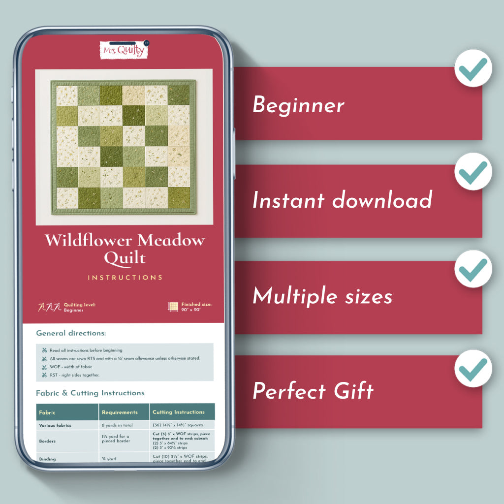 A phone displays the Wildflower Meadow Quilt Downloadable PDF Pattern, featuring vibrant floral prints. It’s beginner-friendly, offers instant download and multiple sizes, making it a perfect gift.
