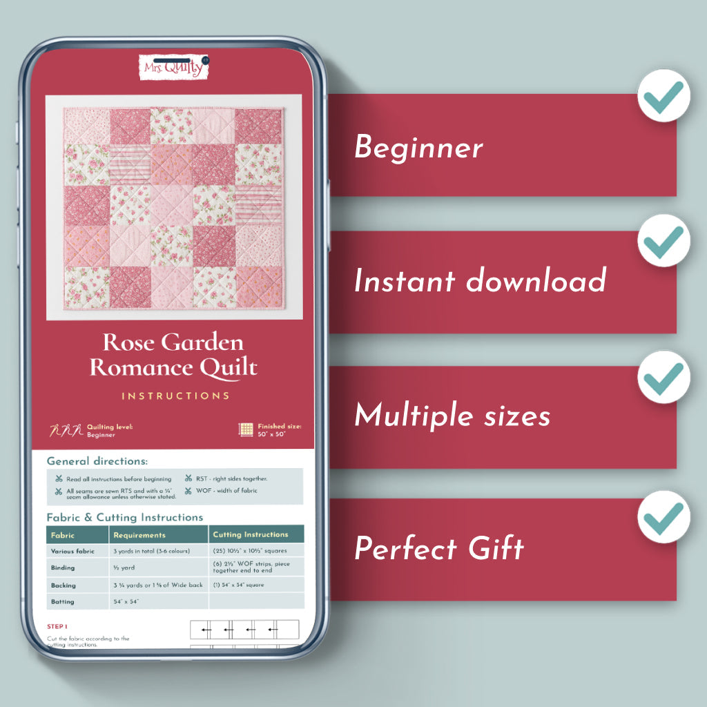 A smartphone displays Bundle of 6 Quilt Patterns instructions; text highlights beginner-friendly designs, instant download, multiple sizes, and makes a perfect gift.