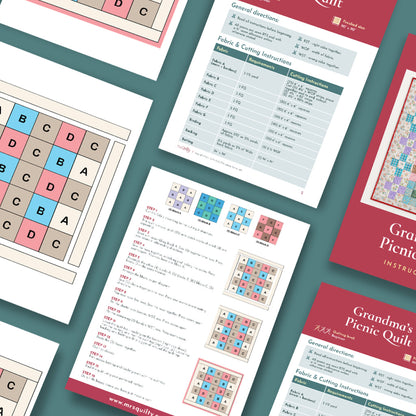 The Grandma's Picnic Quilt Downloadable PDF Quilt Pattern includes quilt instructions, fabric key charts, block diagrams, cutting guides, step lists, and a finished quilt image.
