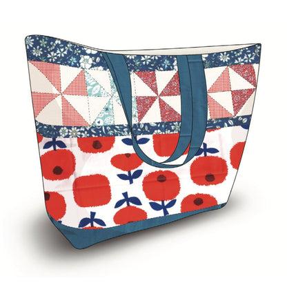 Celebrate with the July 4th Patterns Downloadable PDF Quilt Patterns, featuring red and white pinwheel patchwork and bold red floral prints on a white background—a perfect design for your next large tote bag project with blue handles.
