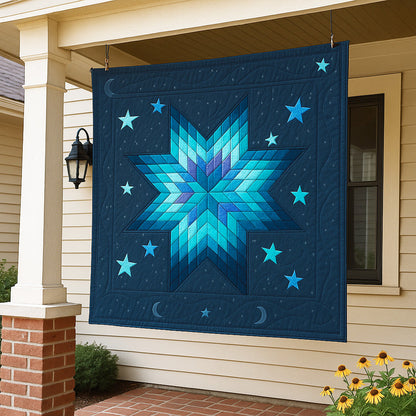 A "Bundle of 14 Quilt Patterns" featuring large geometric star designs in blue with smaller stars and crescent moons hangs on a porch—perfect inspiration for beginners or anyone seeking unique quilt patterns.