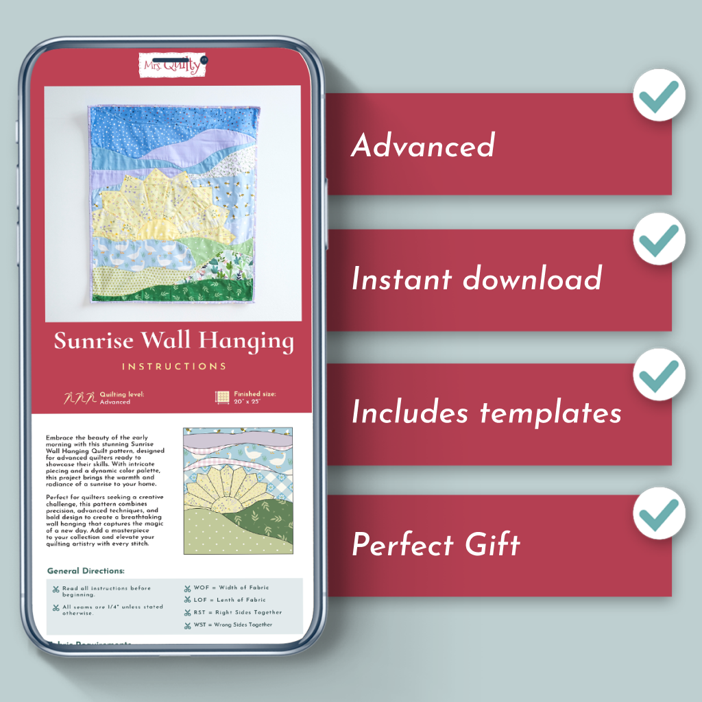 A smartphone displays the Sunrise Wall Hanging Downloadable PDF Quilt Pattern with checked text: Advanced, Instant download, Includes templates, Perfect Gift—shown on a light blue background as unique quilted wall décor.