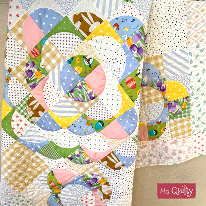 Add a vibrant touch to your decor with the Floral Quilt Downloadable PDF Quilt Pattern—featuring circular and geometric designs in pastel and bright colors, ideal for creating statement table pieces or showing off your unique quilting skills.