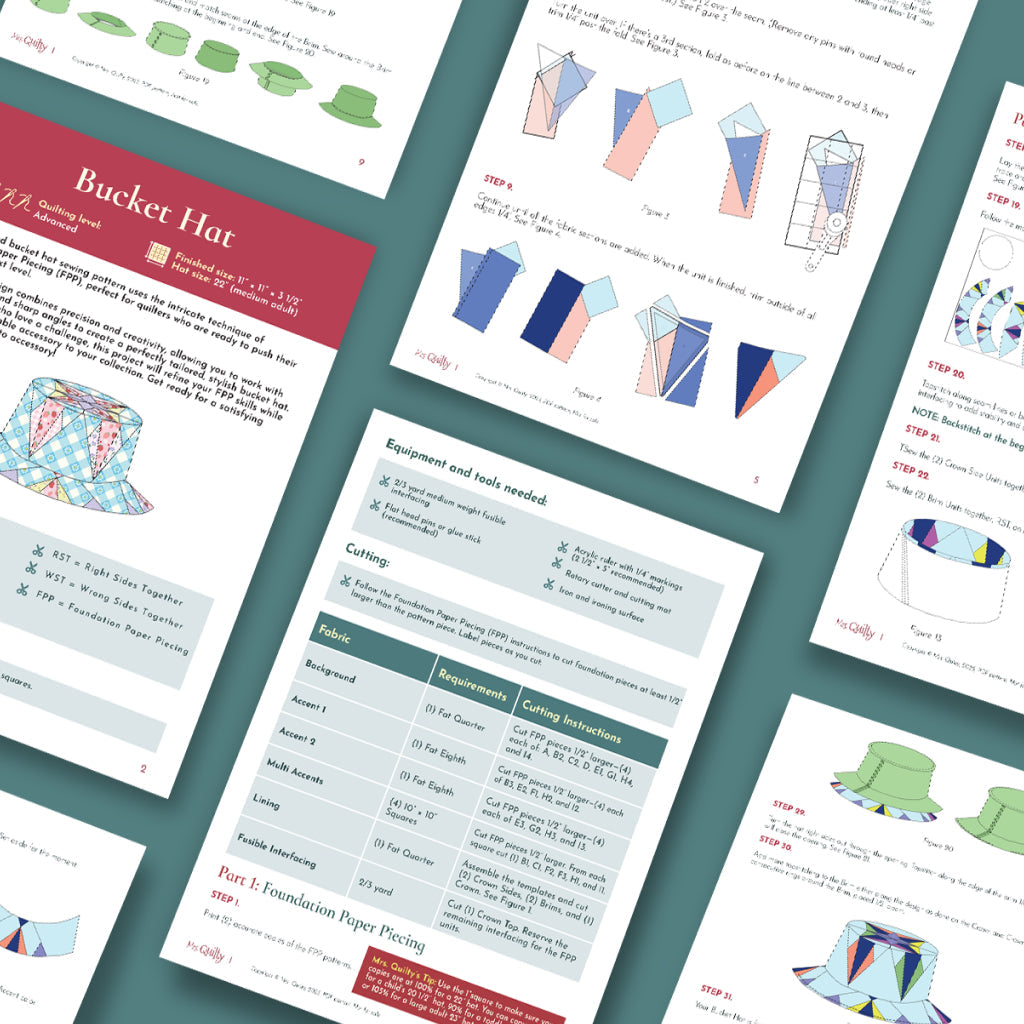 The Bucket Hat Downloadable PDF Quilt Pattern features assorted instructional pages with diagrams, step-by-step directions, quilting pattern illustrations of bucket hats, and tables for cutting and equipment—a beginner-friendly project.