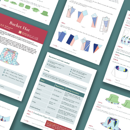 The Bucket Hat Downloadable PDF Quilt Pattern features assorted instructional pages with diagrams, step-by-step directions, quilting pattern illustrations of bucket hats, and tables for cutting and equipment—a beginner-friendly project.