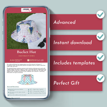The Bucket Hat Downloadable PDF Quilt Pattern displays sewing instructions and fabric templates on your smartphone, featuring beginner-friendly guidance, instant download, included templates, and making a perfect gift.