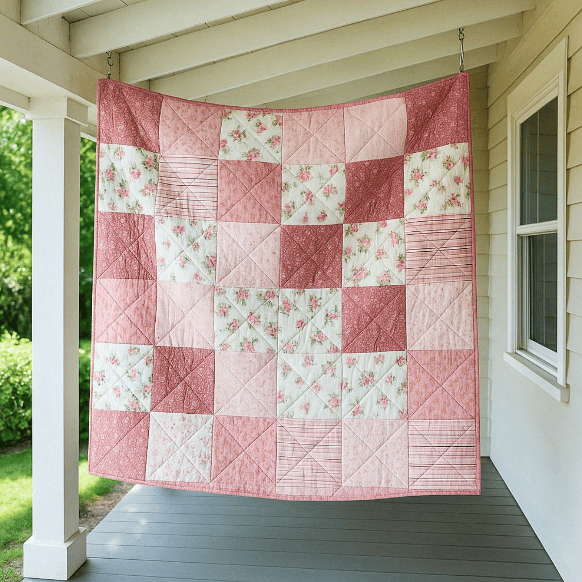 A Bundle of 6 Quilt Patterns featuring pink, white, floral, and geometric designs is displayed on a porch by a window, highlighting its handmade touch.
