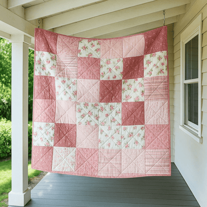 A Bundle of 6 Quilt Patterns featuring pink, white, floral, and geometric designs is displayed on a porch by a window, highlighting its handmade touch.