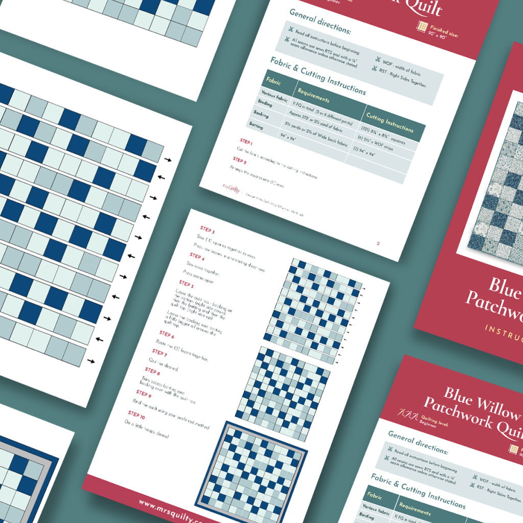 The Blue Willow Quilt Downloadable PDF Quilt Pattern features arranged pages with fabric requirements, cutting directions, step-by-step instructions, and quilt diagrams for this timeless design with a traditional floral motif.