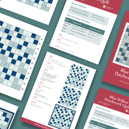 The Blue Willow Quilt Downloadable PDF Quilt Pattern features arranged pages with fabric requirements, cutting directions, step-by-step instructions, and quilt diagrams for this timeless design with a traditional floral motif.