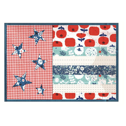 The "July 4th Patterns Downloadable PDF Quilt Patterns" features a rectangular quilt with an American flag-inspired design of floral stars on red gingham and floral stripes in blue, white, and red tones.