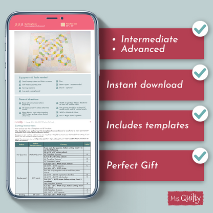 A smartphone shows the Floral Quilt Downloadable PDF Quilt Pattern with checkmarks: intermediate/advanced level, instant download, includes templates, and makes a perfect gift. Mrs. Quilty logo is displayed.