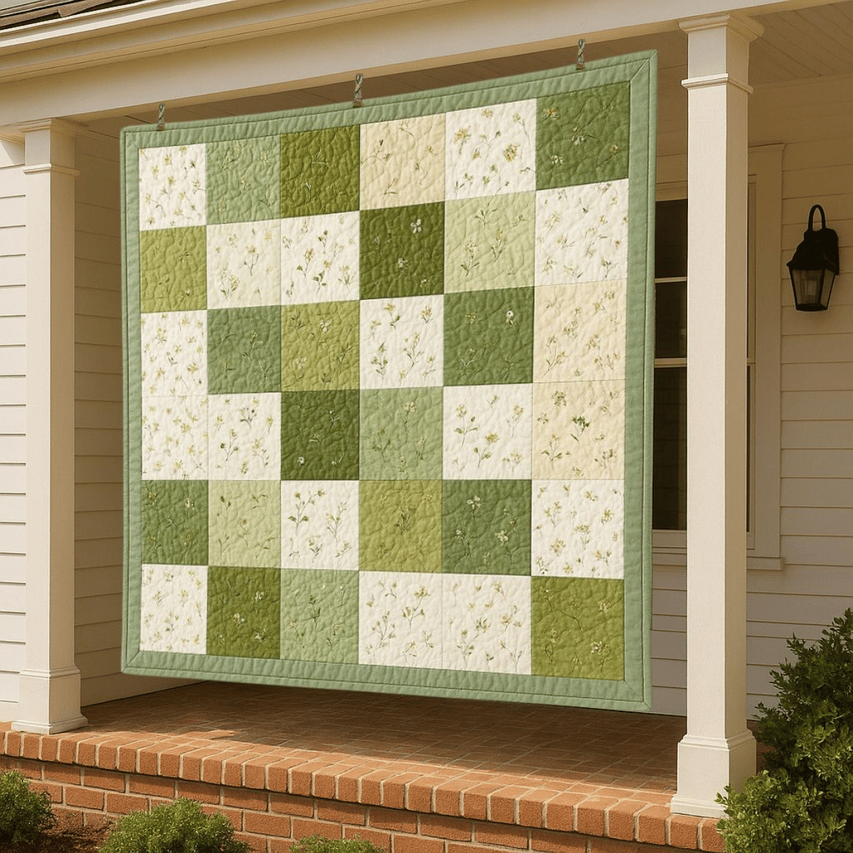 A "Bundle of 6 Quilt Patterns," perfect for beginners to intermediates, is displayed as a green and white patchwork quilt hanging from the ceiling of a porch in front of a white house with brick steps.