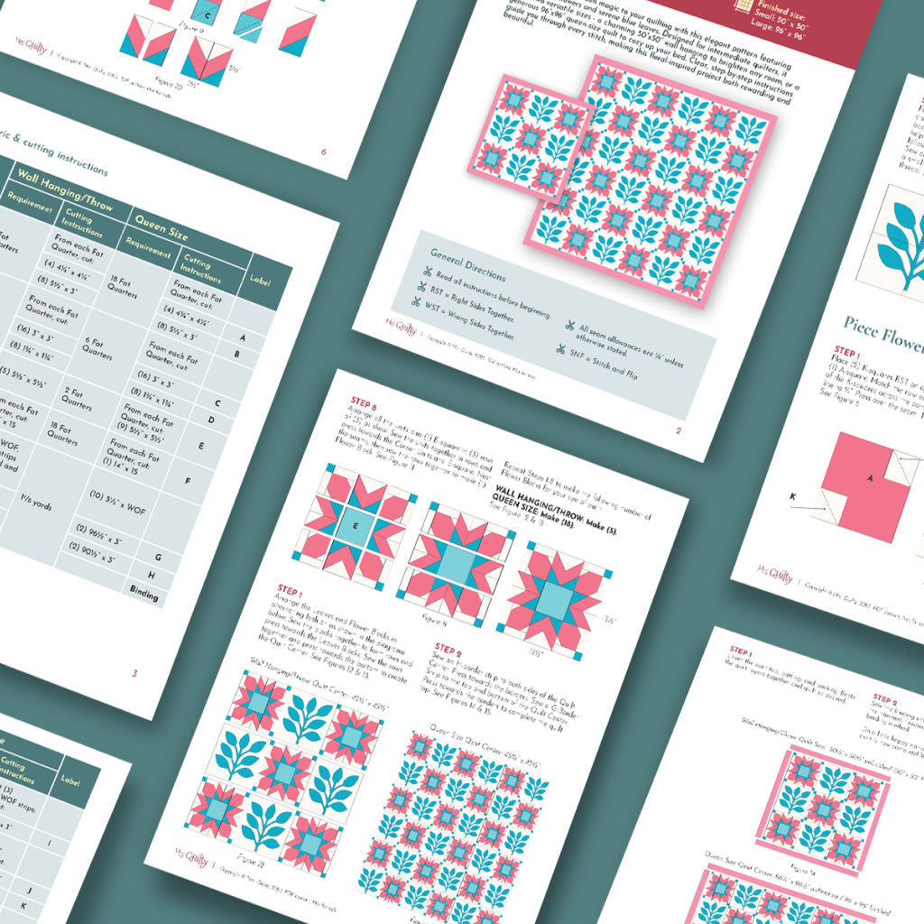 Several pages from the Pink Garden Blues Quilt Downloadable PDF Quilt Pattern are spread out, showing beginner-friendly diagrams, tables, and step-by-step assembly illustrations for easy quilting.