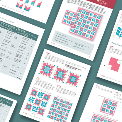 The Bundle of 6 Quilt Patterns features instructional pages with colorful quilt patterns, diagrams, tables, and beginner-friendly assembly directions on a teal background.