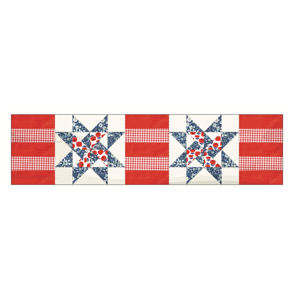 The July 4th Patterns Downloadable PDF Quilt Patterns feature a quilted table runner with red and white stripes, blue and white star florals, and red gingham squares.