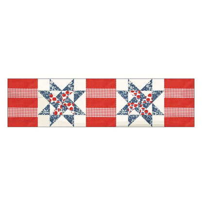 The July 4th Patterns Downloadable PDF Quilt Patterns feature a quilted table runner with red and white stripes, blue and white star florals, and red gingham squares.