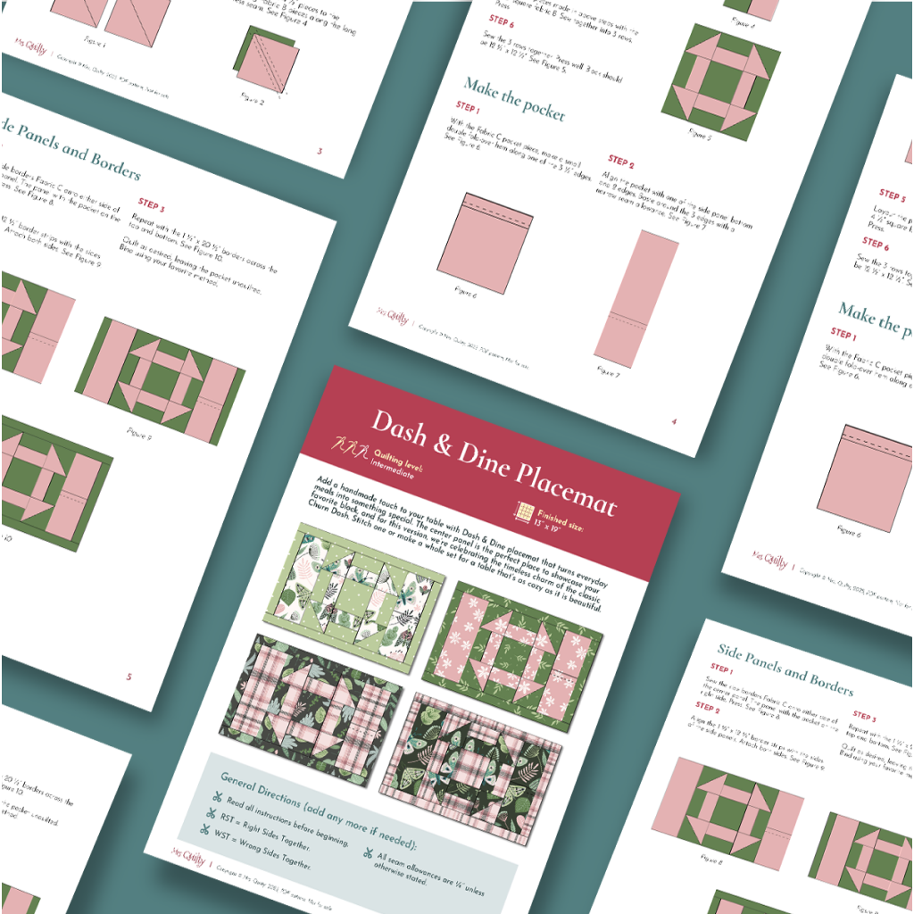 A flat lay of the Dash & Dine Placemat Downloadable PDF Quilt Pattern, showcasing detailed diagrams, text, and images of finished green and pink geometric patchwork placemats—ideal for quilted laptop sleeves or custom-size projects.