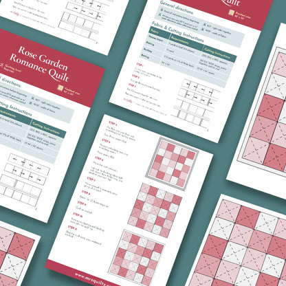 Download the "Rose Garden Romance Quilt" PDF pattern, featuring step-by-step diagrams, fabric cutting charts, and layout illustrations on a teal background—ideal for beginners making a romantic quilt design.