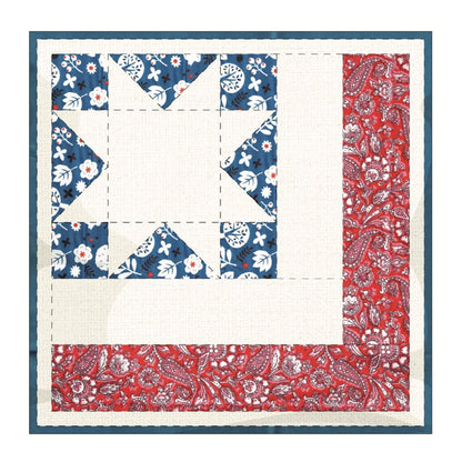 The July 4th Patterns Downloadable PDF Quilt Pattern features a blue and white floral star with a red paisley border on a cream background, complete with dotted lines for stitching or assembly guidance.