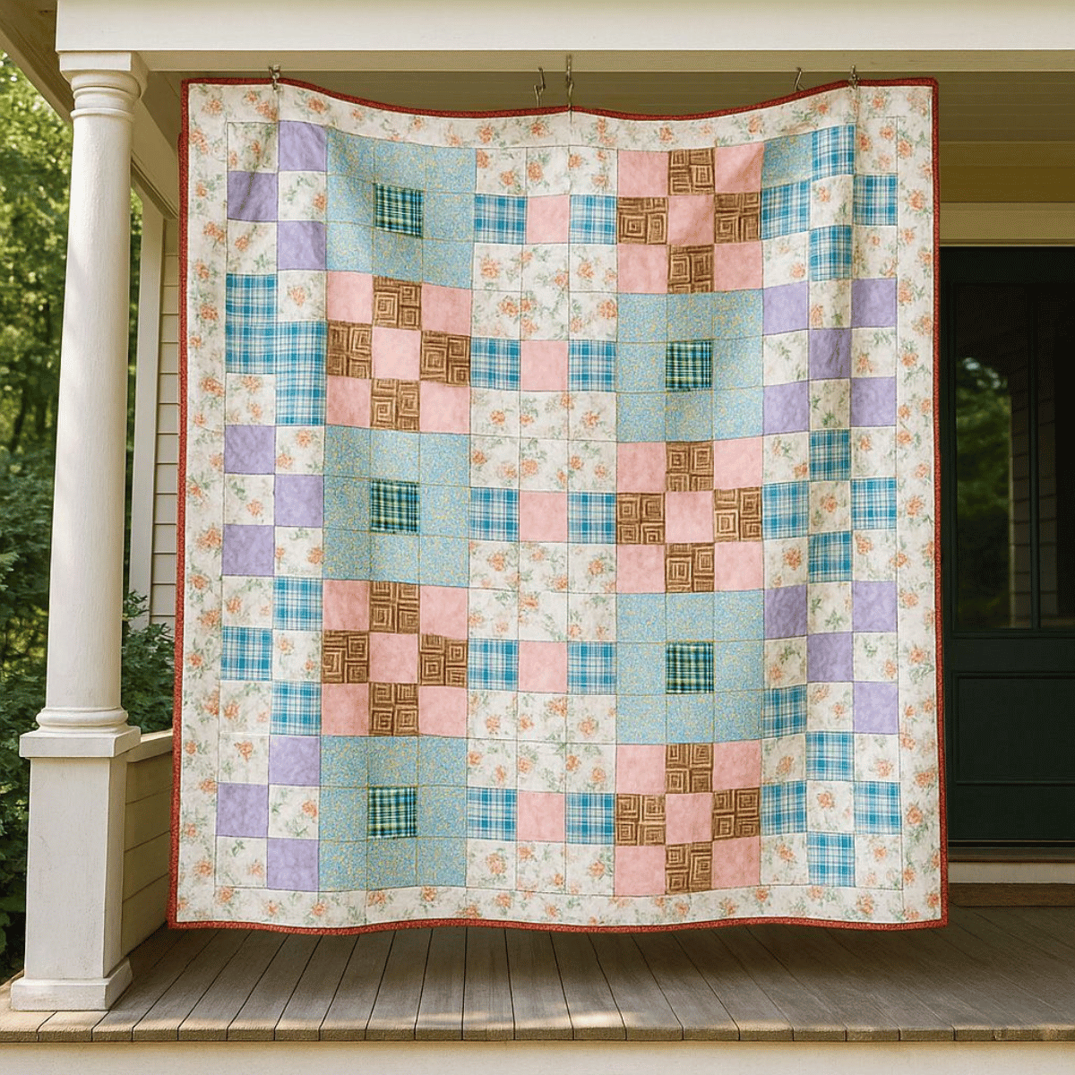 A quilt made with pastel and floral squares—created using the Bundle of 6 Quilt Patterns, suitable for beginners to intermediates—hangs on a house porch.