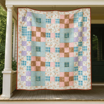 A quilt made with pastel and floral squares—created using the Bundle of 6 Quilt Patterns, suitable for beginners to intermediates—hangs on a house porch.