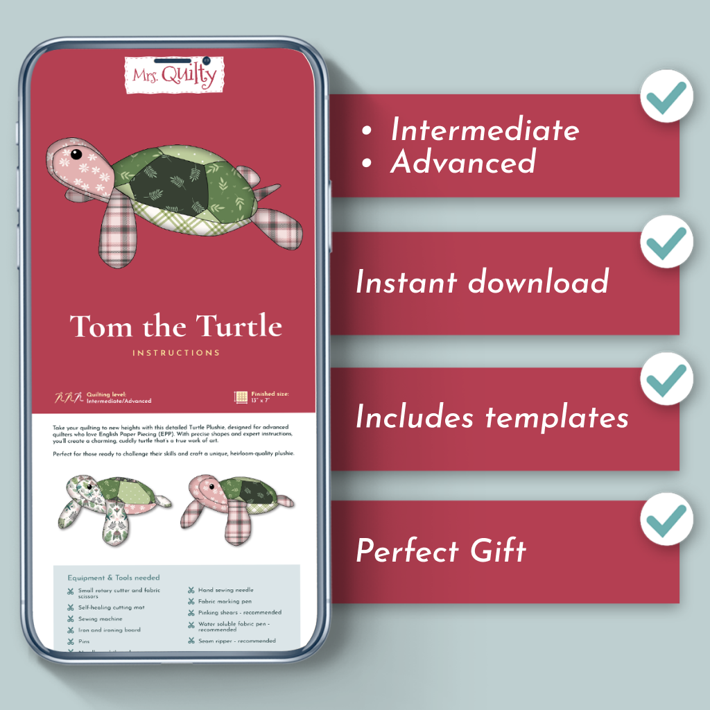 A smartphone displays instructions for making Tom the Turtle, a patchwork plush using applique, with a checklist showing skill level, instant PDF download, included templates, and suitability as a gift.
