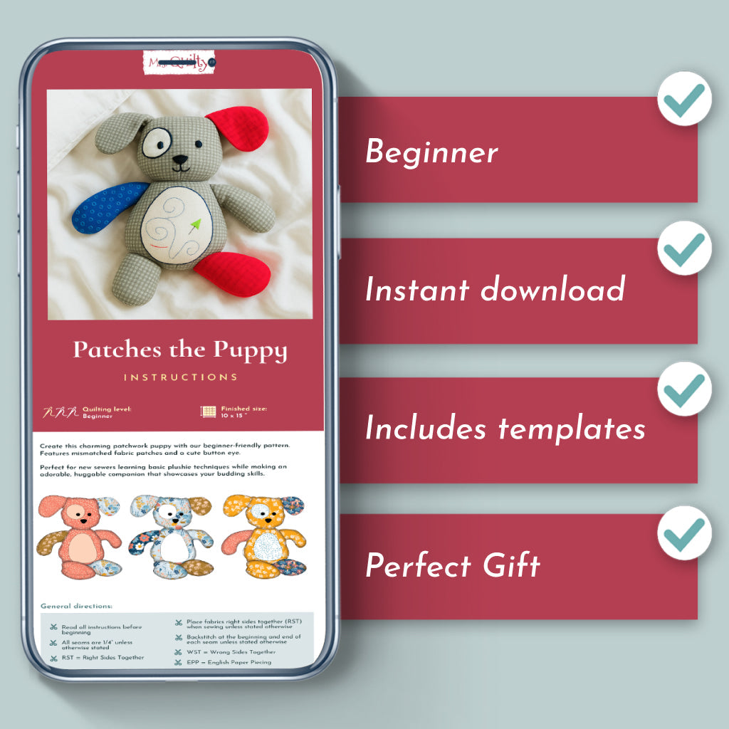 A smartphone displays the Patches the Puppy Downloadable PDF Quilt Pattern, a beginner-friendly patchwork puppy project with instant templates—perfect as a handmade gift.