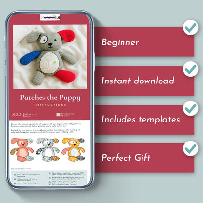 A smartphone displays the Patches the Puppy Downloadable PDF Quilt Pattern, a beginner-friendly patchwork puppy project with instant templates—perfect as a handmade gift.