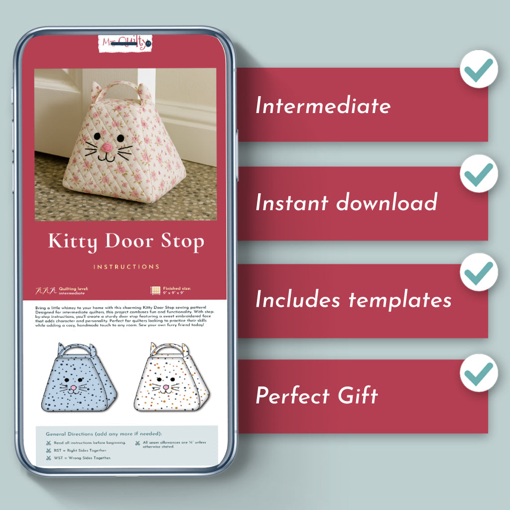 Smartphone displaying the Kitty Door Stop Downloadable PDF Quilt Pattern with checklists showing: intermediate level, instant download, includes templates, and makes a perfect gift.