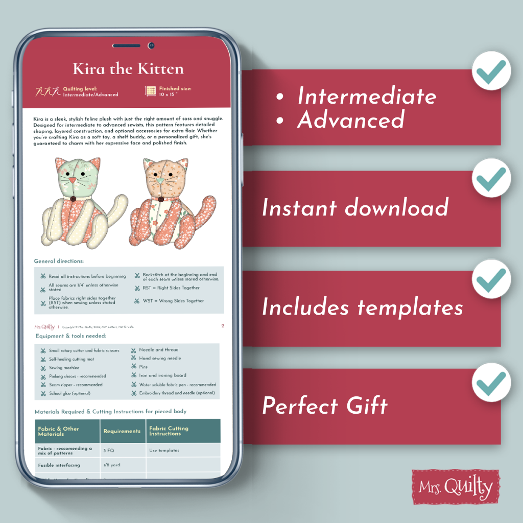 A smartphone displays the "Kira the Kitten Downloadable PDF Quilt Pattern." Checkmarks showcase its features: for intermediate/advanced quilters, instant download, includes templates, plus tips on using the disappearing 4-patch quilting technique.