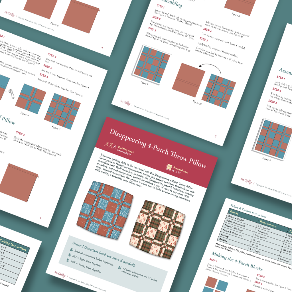A flat lay of printed instructions for the "Disappearing 4-Patch Throw Pillow Cover Downloadable PDF Quilt Pattern," a beginner-friendly project with diagrams, step-by-step text, and floral pillow images on a teal background.