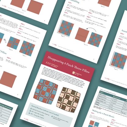 A flat lay of printed instructions for the "Disappearing 4-Patch Throw Pillow Cover Downloadable PDF Quilt Pattern," a beginner-friendly project with diagrams, step-by-step text, and floral pillow images on a teal background.