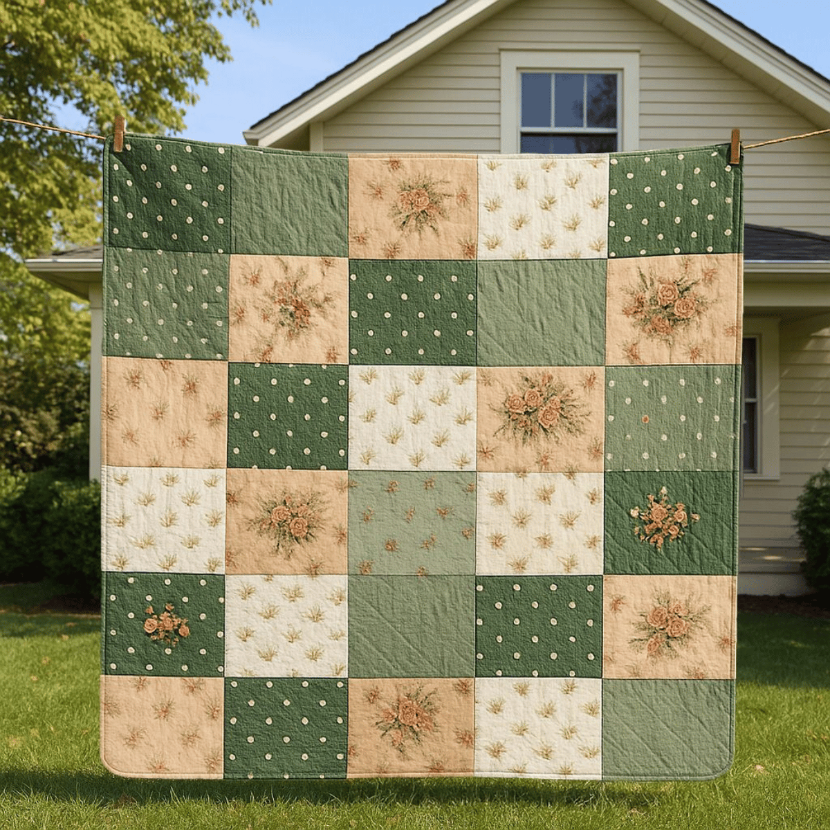 A "Bundle of 6 Quilt Patterns" featuring green, beige, and cream floral and polka dot square motifs is displayed on a clothesline in front of a house.