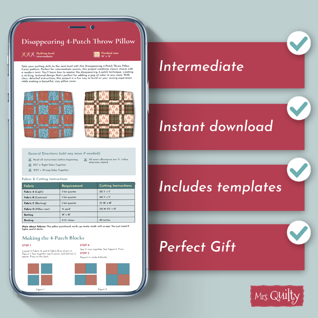 A smartphone shows the Disappearing 4-Patch Throw Pillow Cover PDF Quilt Pattern, highlighting it as a beginner-friendly project with instant download, included templates, and great gift potential.