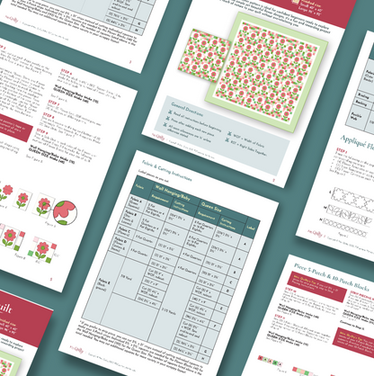 Several instruction pages from the Posey Pink Downloadable PDF Quilt Pattern are arranged on a teal surface, featuring diagrams, charts, tables, text instructions, and floral fabric illustrations.