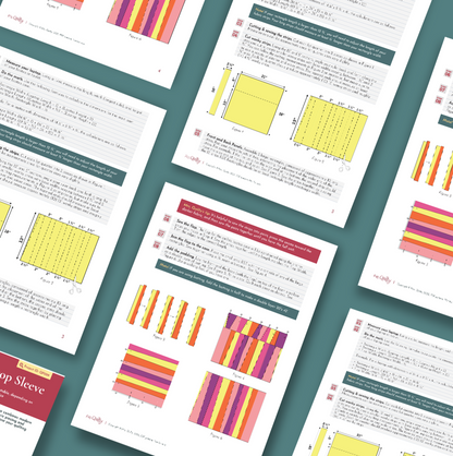 Technical diagrams, charts, and equations are displayed on a teal surface beside a Stylish Quilted Laptop Sleeve made with geometric patchwork, created using the downloadable PDF Quilt Pattern.