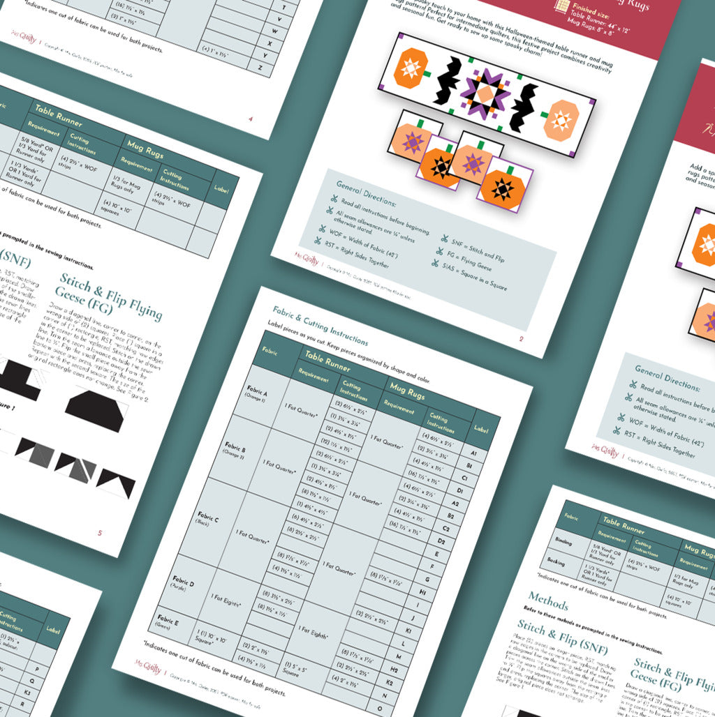 Instruction sheets for the Batty Harvest Downloadable PDF Quilt Pattern, featuring fabric charts, diagrams, and geometric quilt block illustrations—perfect for fall table decor—are displayed on a teal background.