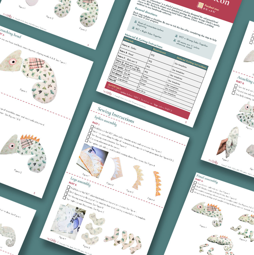 Several instruction sheets with diagrams, patterns, and checklists show steps for making Chichi the Chameleon using the downloadable PDF quilt pattern—ideal inspiration for your next colorful quilting project.