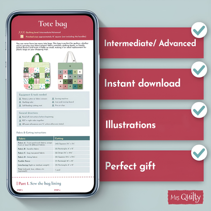 Mobile screen displaying the Tote Bag Downloadable PDF Quilt Pattern, designed for intermediate/advanced levels. Comes as an instant download with detailed illustrations, making it a perfect gift.