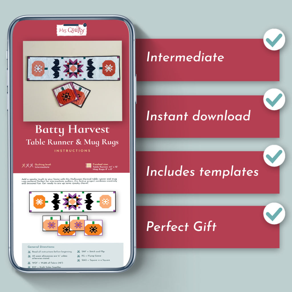A phone displays the Batty Harvest Downloadable PDF Quilt Pattern, featuring intermediate-level table runner and mug rugs, instant download with templates—inspires fall table decor or a thoughtful gift.