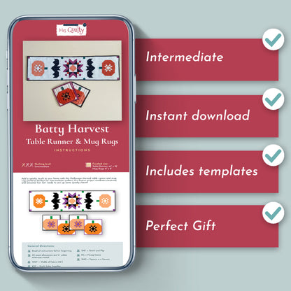 A phone displays the Batty Harvest Downloadable PDF Quilt Pattern, featuring intermediate-level table runner and mug rugs, instant download with templates—inspires fall table decor or a thoughtful gift.