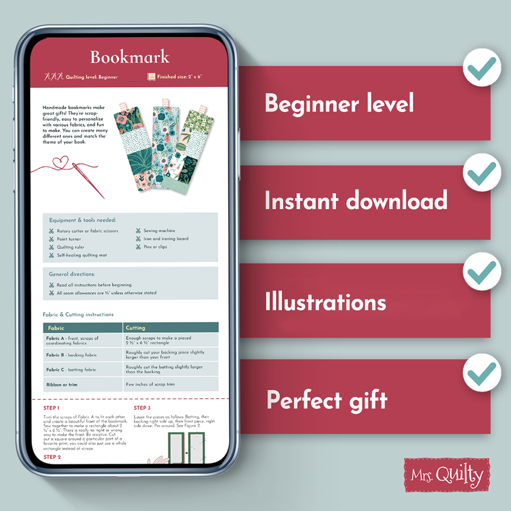 The Bookmark Downloadable PDF Quilt Pattern is shown on a smartphone, displaying step-by-step instructions and fabric lists. Checkmarks spotlight its beginner level, instant download, illustrations, and suitability for handmade or personalized bookmarks.