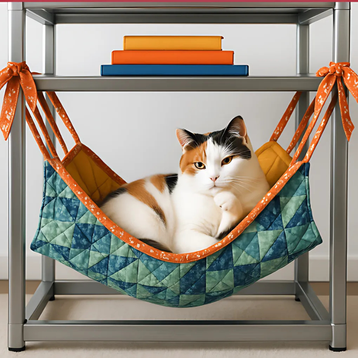 A calico cat relaxes in a cozy bed—a hammock made with the Cat Hammock Quilt Downloadable PDF Quilt Pattern—under a shelf of books, highlighting this charming and beginner-friendly quilting project.